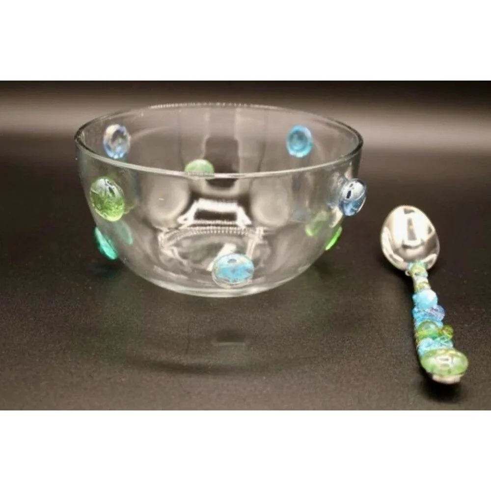 Artisan Borosilicate Glass Beaded Bowl With Matching Hand-Beaded Serving Spoon